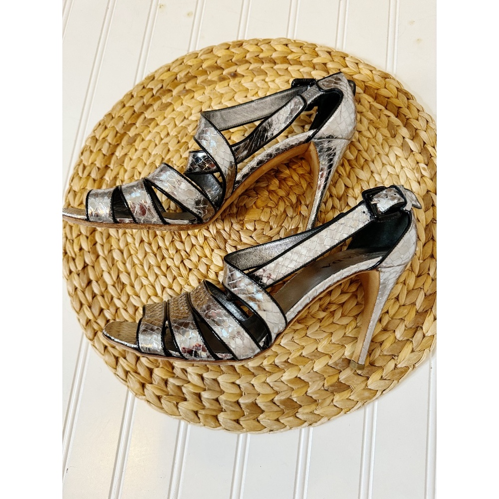 PRADA metallic silver snakeskin strappy sandal heels 8.5 - Picture 1 of 7